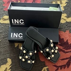 INC International Concepts Black Slide Sandals with Gold Studs
